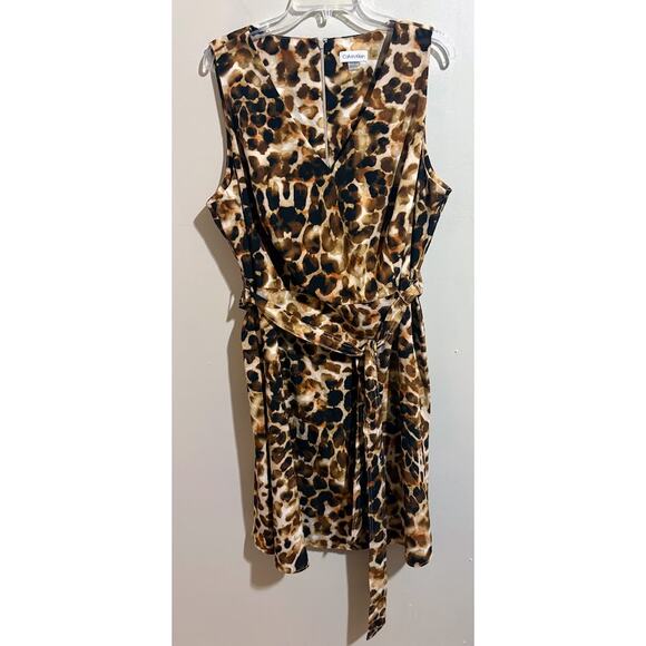 Calvin Klein Sleeveless Self Tie V-Neck Leopard Print Dress Plus Size 18W - Picture 1 of 7